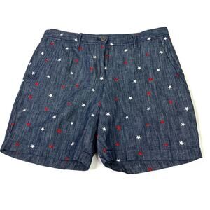 Talbots Relaxed Chino Short Dark Chambray Star Embroidered Cotton Linen 6